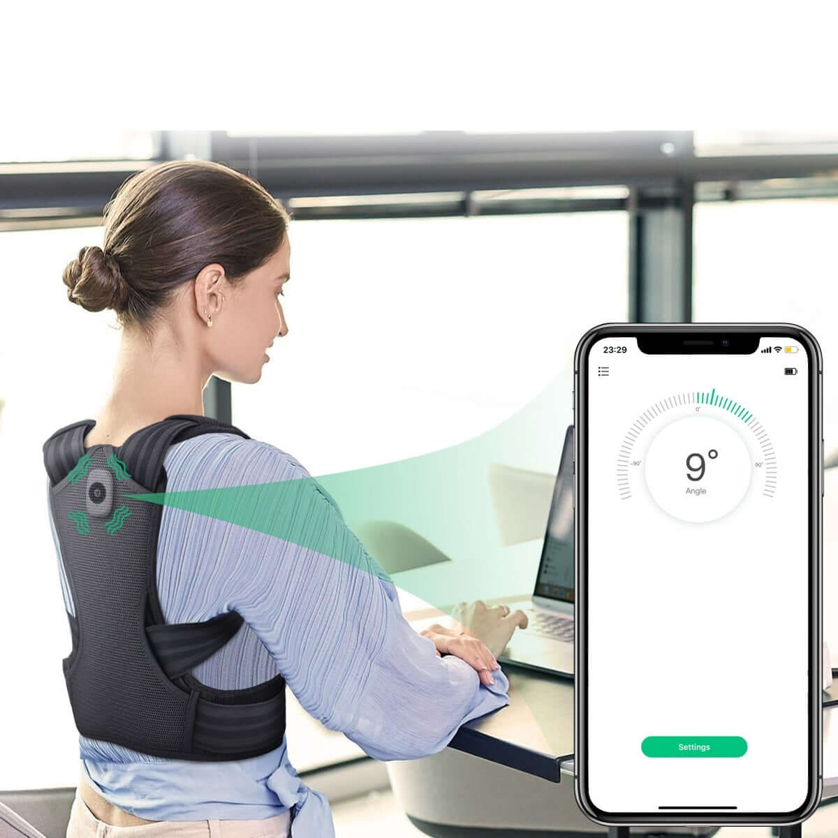 Woman wearing smart posture corrector with mobile app displaying angle adjustment settings.