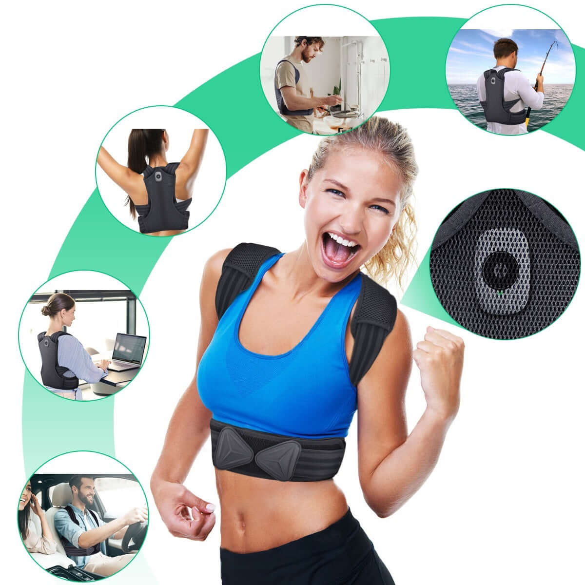 Smart posture corrector worn by a woman, showcasing versatility for work and leisure activities.