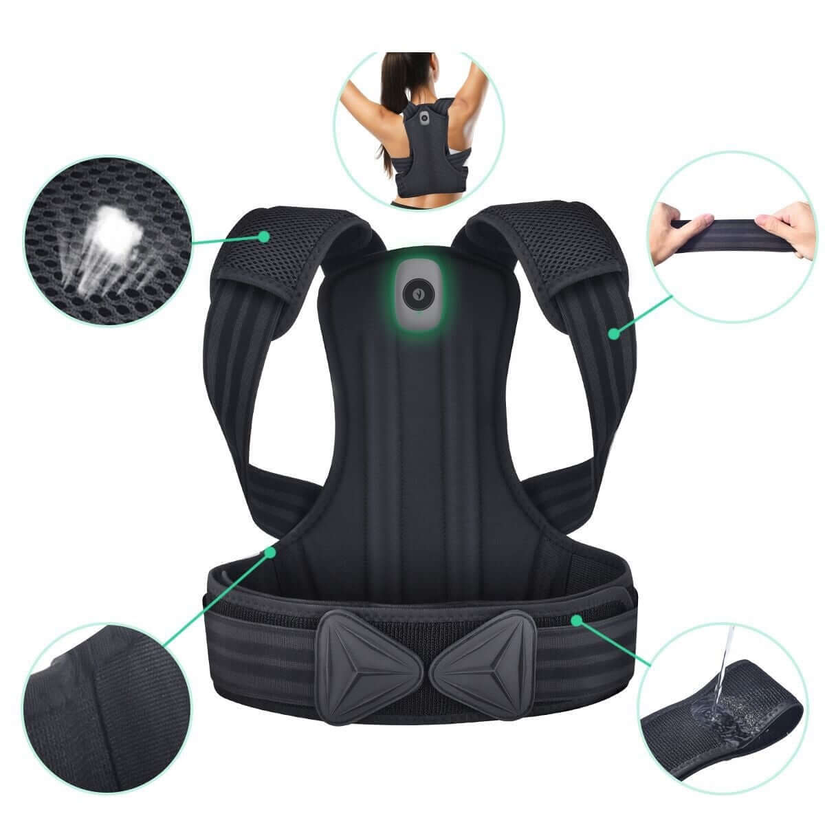 Smart posture corrector with adjustable straps and mobile app connectivity for improved back alignment.