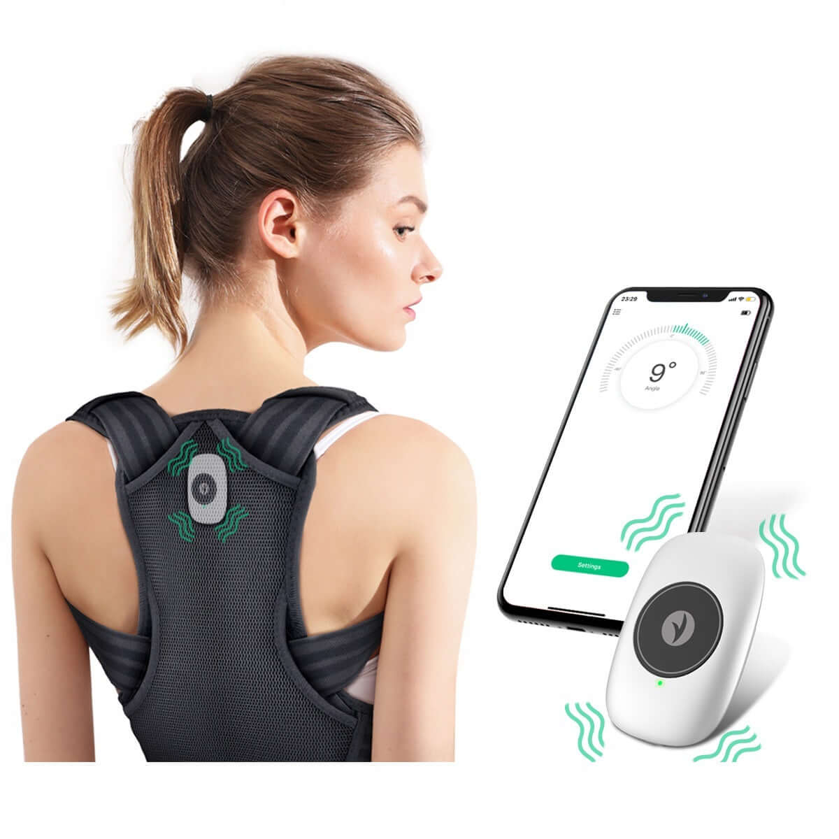Smart posture corrector worn on a person’s back, paired with a mobile app for real-time posture tracking.