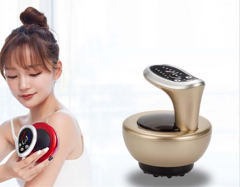 Woman using an electric negative pressure suction device for physiotherapy and relaxation.