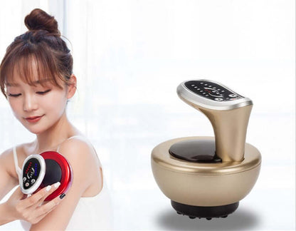 Woman using an electric negative pressure suction device for physiotherapy and relaxation.